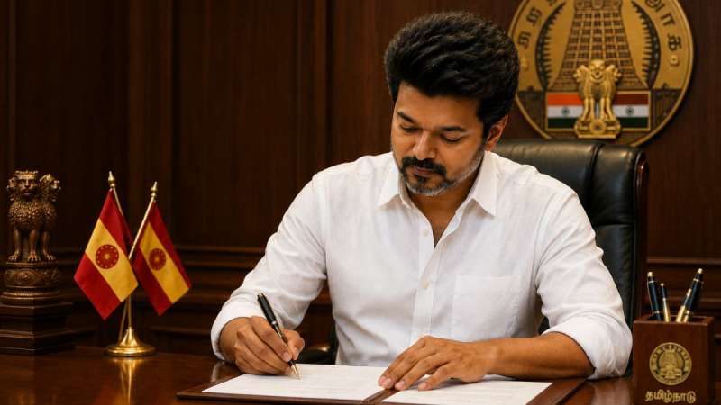 தலைமைச் செயலகத்தில் முதல்-அமைச்சர் இருக்கையில் தவெக தலைவர் விஜய்