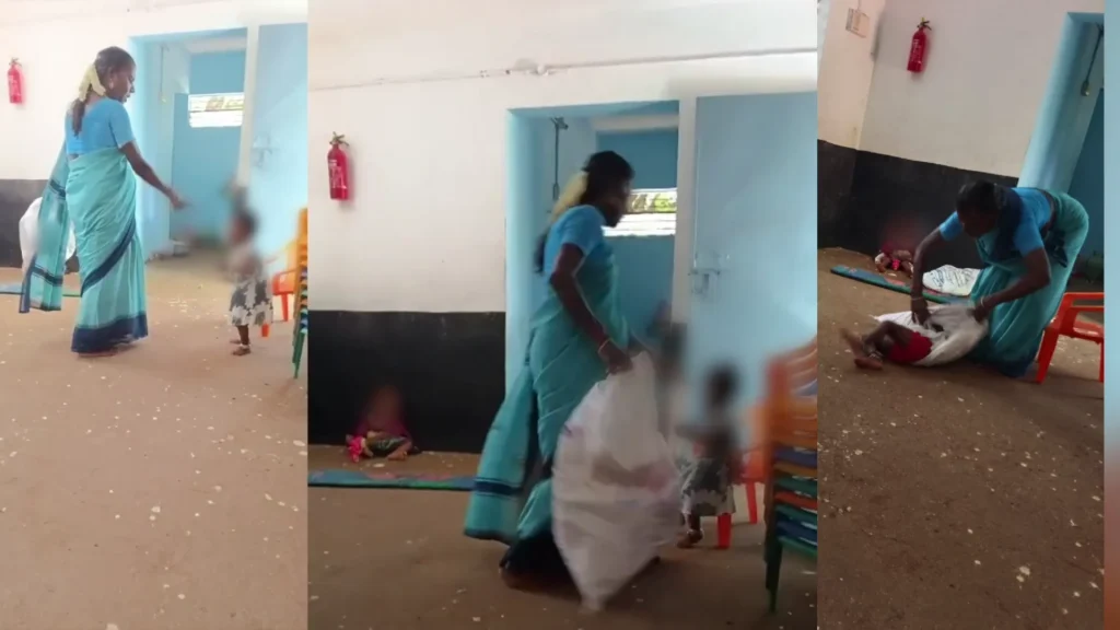 குழந்தைகளை மிரட்டுவதற்காக சாக்குப்பையில் மூடிய அங்கன்வாடி பணியாளர்..!